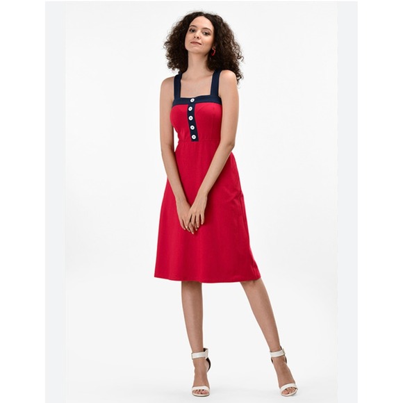 eShakti Sleeveless Button Front Dress Sz 2 Summer Nautical Coastal Sailor Preppy - Picture 1 of 7